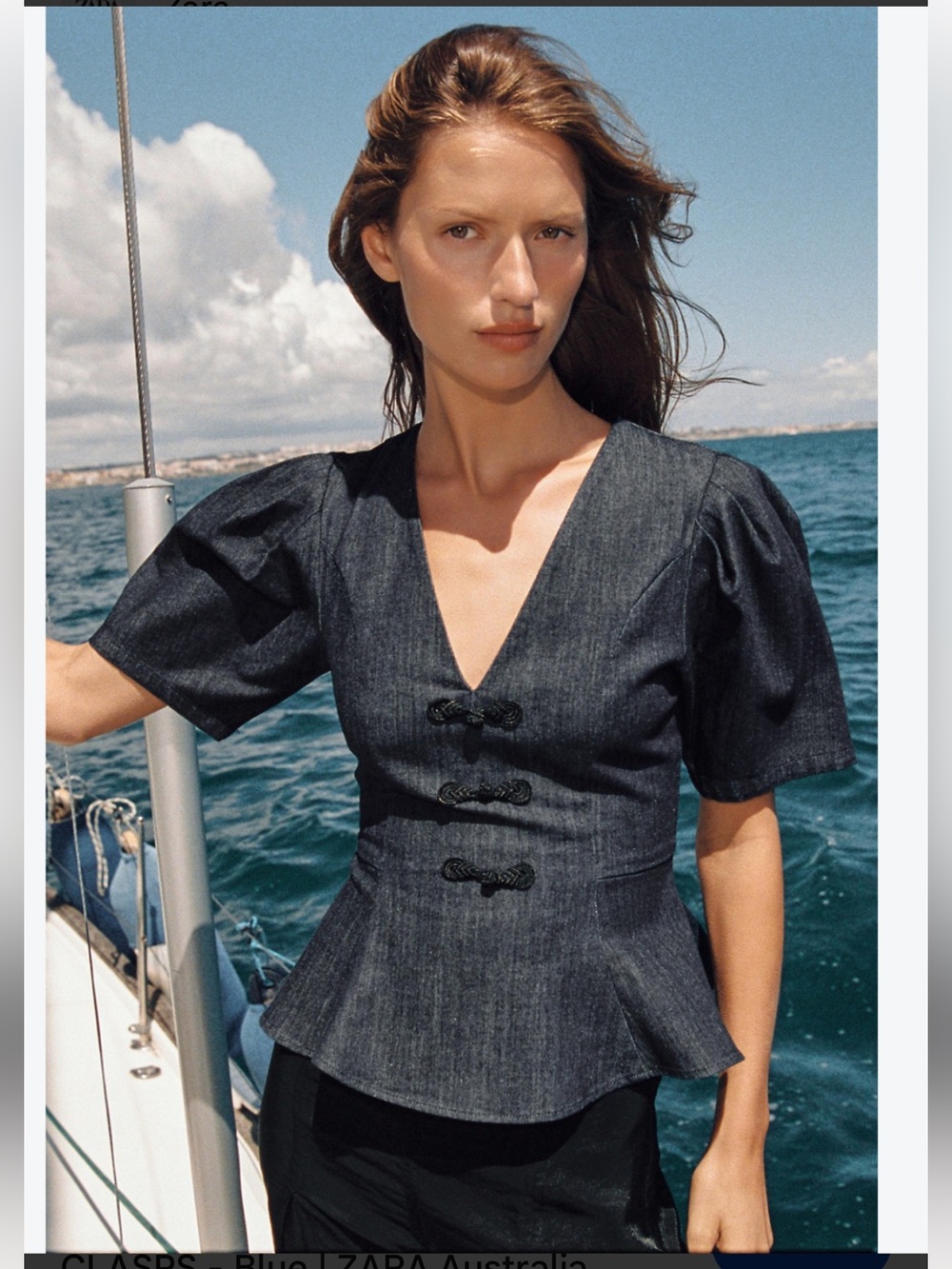 Zara Dark Blue Denim-Effect Puff Sleeve Peplum Top